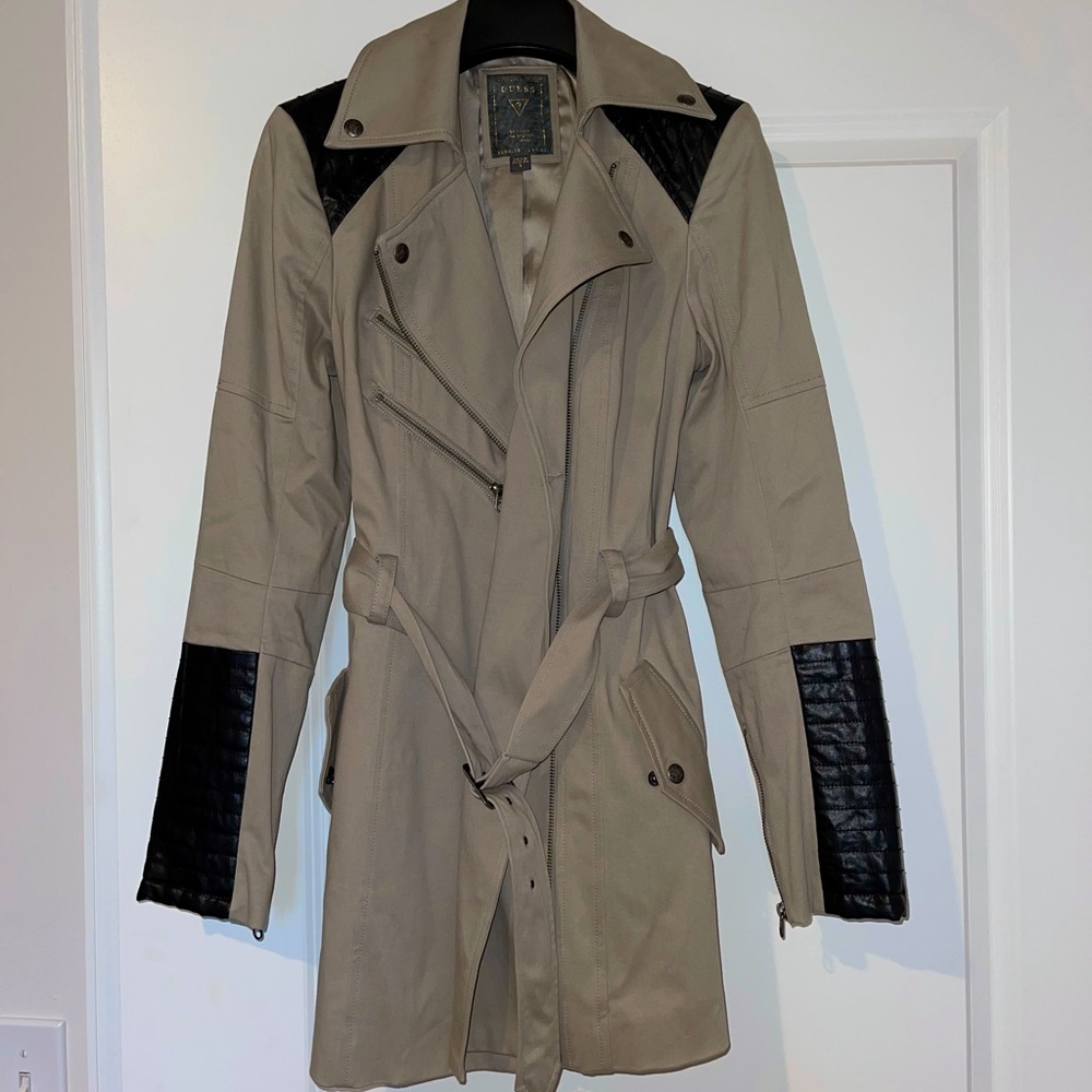 Pea Coat Jacket With Leather Detailing